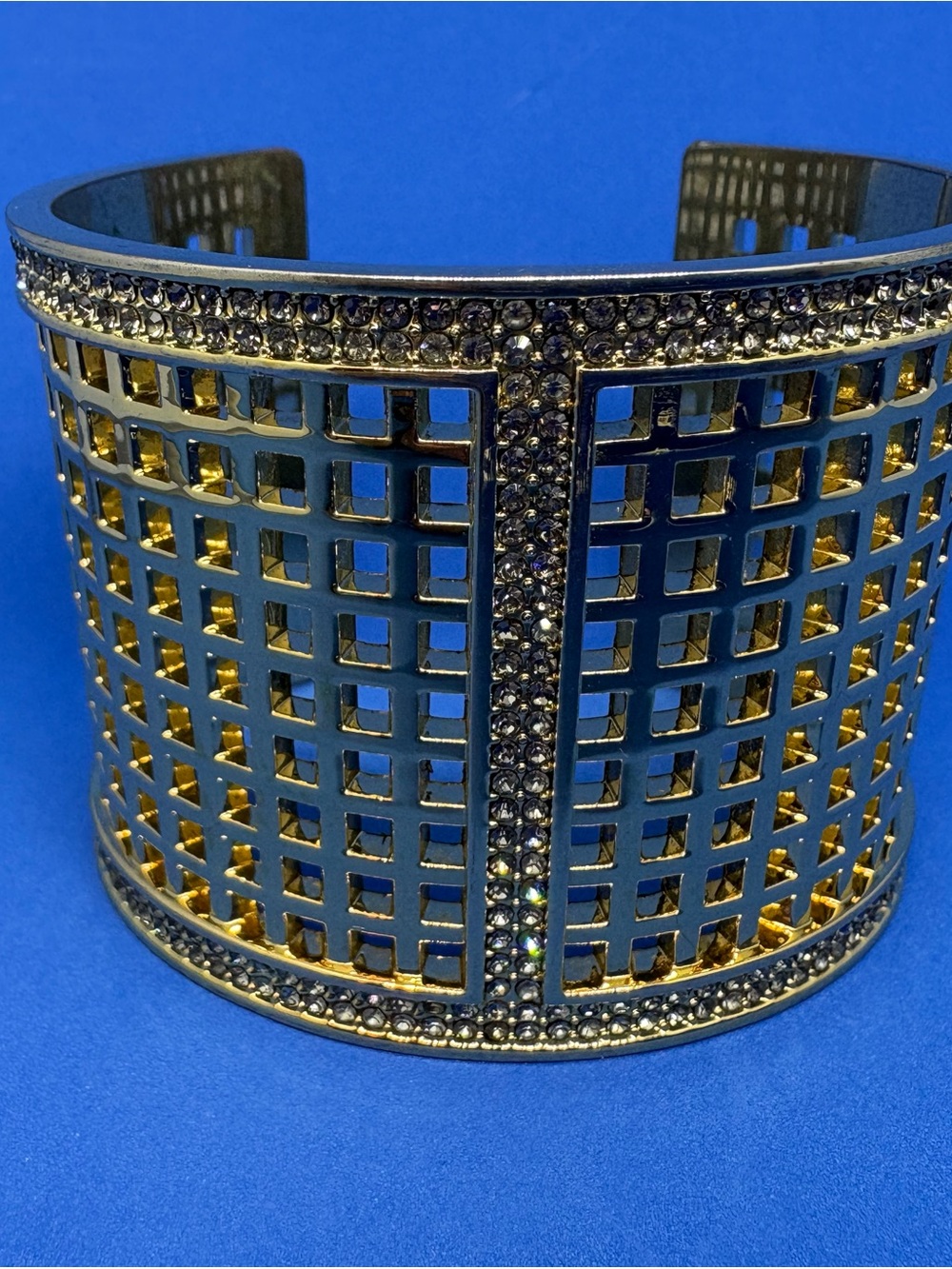 Vince Camuto Gold and Black Grid Cuff Bracelet with Crystal Detailing